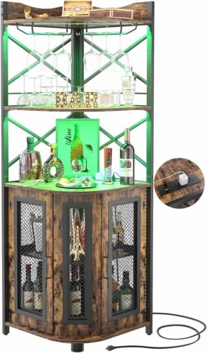 Aheaplus Corner Bar Cabinet with Power Outlet, Industrial Wine Cabinet with LED Strip and Glass Holder, 5-Tiers Liquor Cabinet Bar Unit for Home, Corner Display Cabinet for Small Space, Rustic Brown