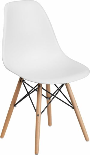 Flash Furniture Elon Series Plastic Modern Dining Chair with Wooden Legs, Mid-Century Modern Accent Chair for Dining Rooms and Offices, White