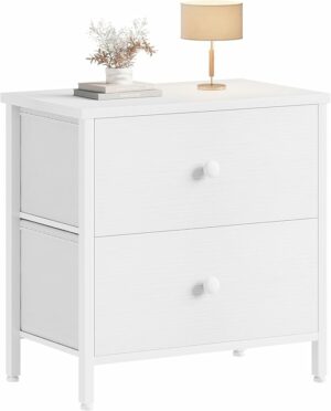 BOLUO White Nightstand 2 Drawer for Bedroom,Small Night Stand with Fabric Drawers End Table Modern