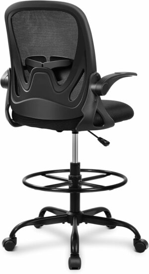 Primy Drafting Chair Tall Office Chair with Flip-up Armrests Executive Ergonomic Computer Standing Desk Chair with Lumbar Support and Adjustable Footrest Ring (Black)