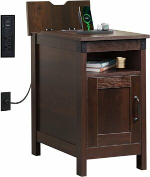 WLIVE Narrow End Table with Charging Station, Narrow Side Table for Living Room, Small Spaces, Couch, Narrow Night Stand with Storage, USB Ports and Outlets, Espresso
