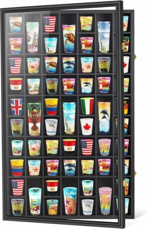 Black Shot Glass Display Case Large 61 Slots Glass Display Holder Wall Mounted Storage Shadow Box with UV Protection Acrylic Glass Door for Room Decor