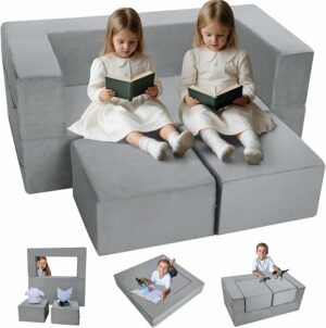 MeMoreCool Modular Kids Play Couch Sofa – Soft Convertible Toddler Couch, Grey Fold-Out Plush Foam Chair for Kids’ Playroom Fun