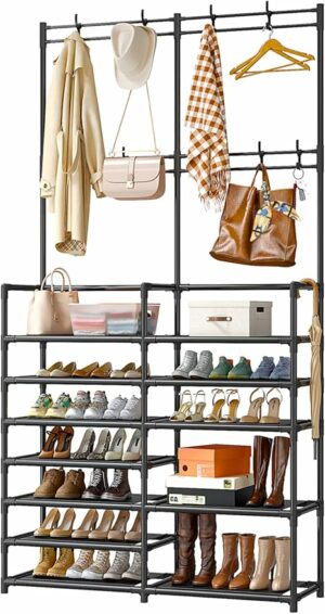 Raybee Coat Rack, 7 Tier Coat and Shoe Rack Entryway Hall Tree, Coat Rack with Shoe Storage Coat Rack Freestanding with 8 Hooks, Coat Rack with Shelf, Shoe and Coat Rack 11.5" D x 36" W x 73.5" H