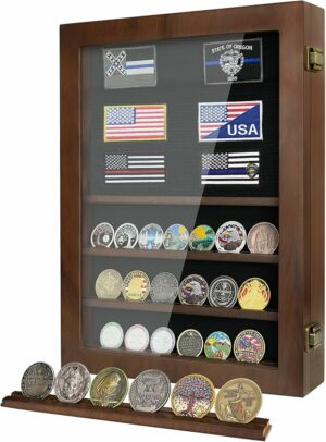 Military Challenge Coin Display Case Holder, Lockable Wooden Army Coins Display Box Cabinet with HD Tempered Glass, Coin Stand Rack with Removable Shelves and Wall Mounted, Walnut