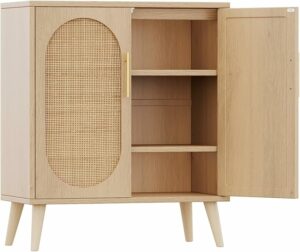 Irontar Rattan Storage Cabinet, Kitchen Buffet Sideboard Cabinet, Coffee Bar with Rattan Decorated Doors, Accent Floor Cabinet for Living Room, Dinning Room, Hallway, Natural CWG013M