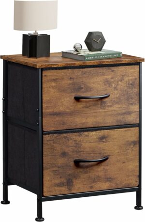 WLIVE Night Stand, Small 2 Drawer Dresser, Nightstand with Fabric Bins for Bedroom, Closet, Dorm, Rustic Brown Wood Grain Print, 11.8" D x 15.7" W x 20.9" H