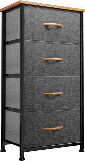 DWVO 4 Drawers Dresser, Small Dresser for Bedroom, Fabric Storage Tower, Chest of Drawers, Organizer Unit for Closets, Living Room, Sturdy Steel Frame, Wooden Top, Easy Pull Handle