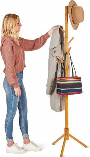ZOBER Coat Rack Free Standing - Wooden Coat Tree W/ 6 Hooks - Coats, Purses, Hats - Adjustable Sizes, Easy Assembly - Natural
