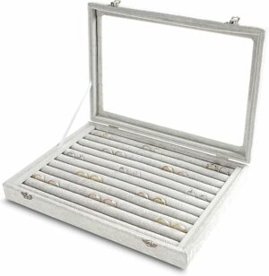Frebeauty Rings/Earrings Organizer Tray with Clear Lid 10 Slots Velvet Drawer Insert Jewelry Storage box with Glass lid Jewelry Display Case Showcase Gift for Girls Women (Grey, 10 Slots)