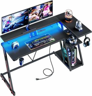 Reversible Gaming Desk with Power Outlet & LED Lights, Corner Computer Desk with 3 Tiers Storage Shelves, Home Office Desk with Monitor Stand for Small Space, 47 Inch Carbon Fiber Black