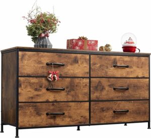 WLIVE Wide Fabric Dresser, 6 Drawer Dresser TV Stand for 60" TV, Dressers Bedroom Furniture Large Storage Tower Unit with Fabric Bins, Dresser for Bedroom, Closet, Hallway, Rustic Brown