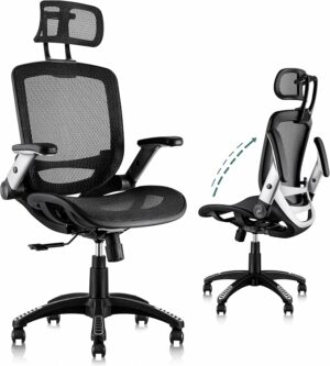 GABRYLLY Ergonomic Office Chair, High Back Home Desk Chair with Headrest, Flip-Up Arms, 90-120° Tilt Lock and Wide Cushion, Big and Tall Mesh Chairs for Man Woman, Black Task Chair