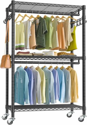 VIPEK V12 Heavy Duty Rolling Garment Rack 3 Tiers Adjustable Wire Shelving Clothes Rack with Double Rods and Side Hooks, Freestanding Wardrobe Storage Rack Metal Clothing Rack, Black