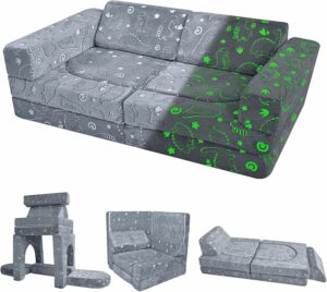 MeMoreCool 10-Piece Kids Couch, Modular Kids Sofa for Playroom, Fold Out Play Couch for Girl Boy, Glow Dino