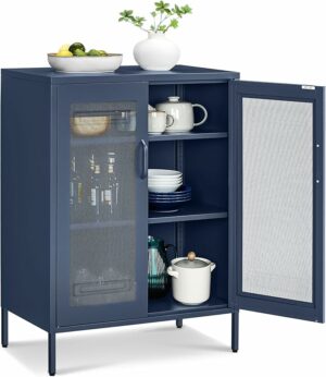 SONGMICS Metal Storage Cabinet with Mesh Doors, Steel Display Cabinets with Adjustable Shelves for Bathroom Home Office, Midnight Blue UOMC002Q03