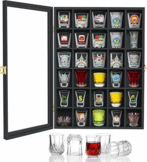 Shot Glass Display Case Wall Mounted, 30 Shot Glass Holder with Door and Removable Shelve, Shot Glass Storage for Home Decor