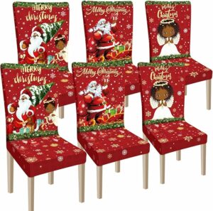 Ganeen 6 Pcs Christmas Chair Covers Merry Christmas Chair Back Cover Stretch Christmas Seat Cover Washable Xmas Dining Chair Protector Slipcover for Dining Room Kitchen Holiday Party (African Style)