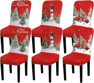 Preboun 6 Pcs Christmas Chair Covers Set Removable Washable Stretch Dining Room Chair Slipcovers Snowman Xmas Tree Truck Parson Chair Protector for Christmas Home Ceremony Party Decoration, 3 Style