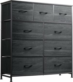 WLIVE 9-Drawer Dresser, Fabric Storage Tower for Bedroom, Entryway, Closet, Tall Chest Organizer Unit with Fabric Bins, Steel Frame, Wood Top, Easy Pull Handle, Charcoal Black Wood Grain Print