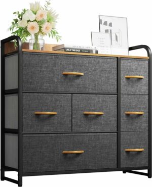 YITAHOME Dresser with 7 Drawers Storage Tower, Organizer Unit for Bedroom, Living Room, Hallway, Closets & Sturdy Steel Frame, Wooden Top & Easy Pull Fabric Bins, Grey