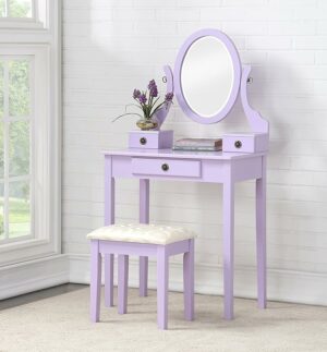 Roundhill Furniture Moniys Wood Moniya Makeup Vanity Table and Stool Set, Purple