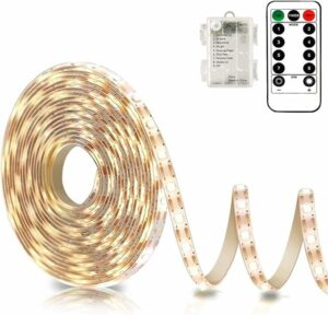 echosari Battery Powered Led Strip Lights with Remote Warm White, 8 Modes, Dimmable, Timer, Self-Adhesive, Cuttable, Waterproof, 9.8FT 90Led Strip Lights for TV Kitchen Cupboard Bedroom Decor