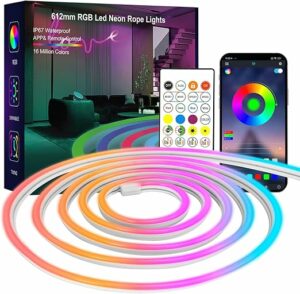 Neon Rope Lights, 20FT RGB Led Strip Lights, Waterproof IP67, DIY Design, Music Sync, 24 Keys Remote Control, Multiple Modes,for Living Room, Bedroom, Holiday Decoration