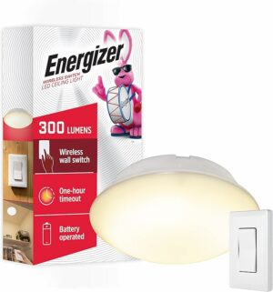 Energizer LED Ceiling Light Fixture, Battery Operated, Wireless Wall Switch Remote, 300 Lumens, Ceiling Light No Electricity, Perfect for Closets, Laundry Room, Garage, Shed and More, 58823-T1